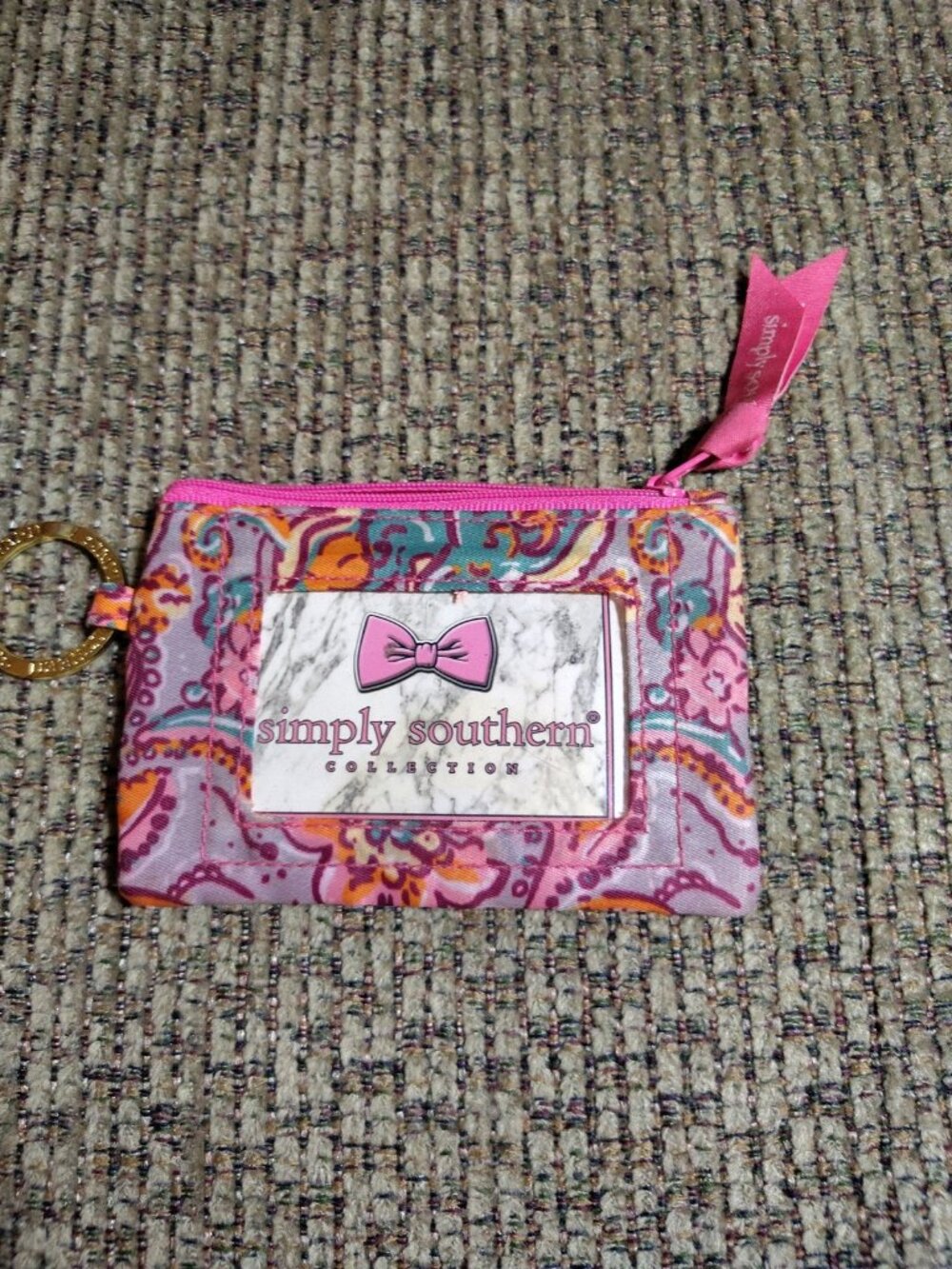 Simply Southern ID Coin Purse Wallet Paisley Pink/Teal 5” x 3” Key Ring